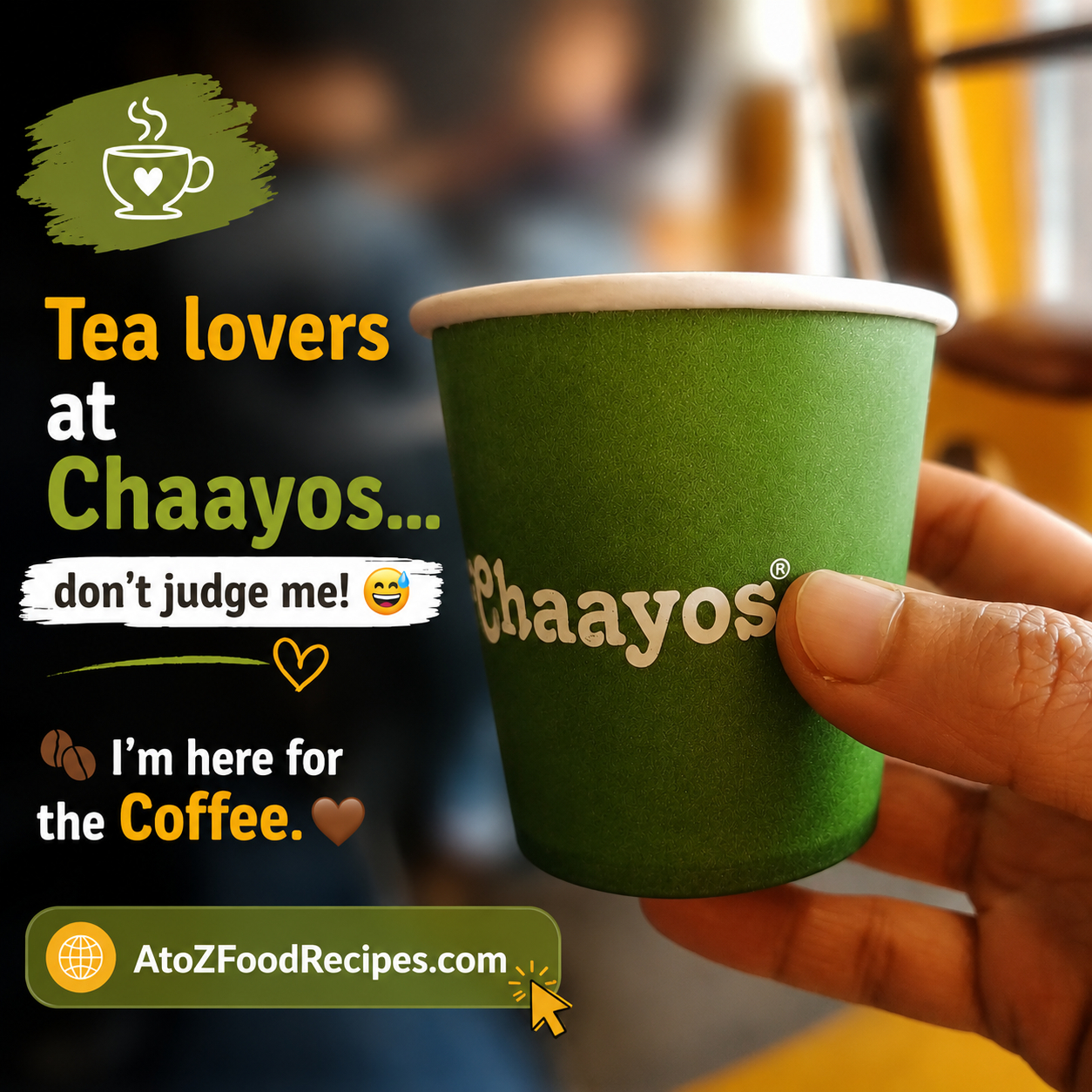 ☕ Tea lovers at Chaayos... don't judge me! 😅

I'm here for the coffee. 🤎

👉 Discover delicious veg food recipes at AtoZFoodRecipes.com | Lin in Bio

#AtoZFoodRecipes #CoffeeLover #Chaayos #CoffeeTime #CafeVibes