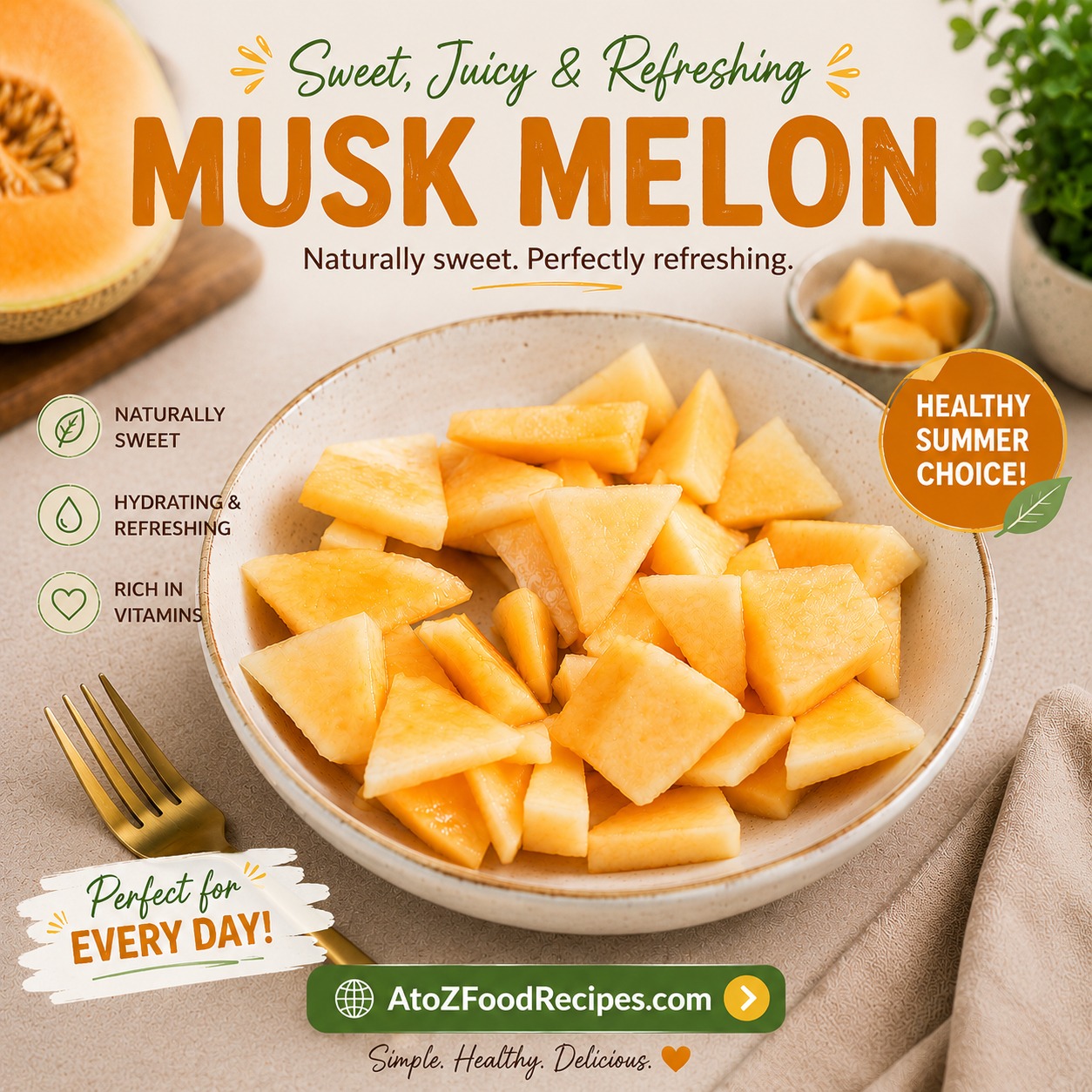 🍈 Skip the sugary snacks; choose something naturally sweet instead! Musk melon is juicy, refreshing, and perfect for staying cool on hot days.

Explore Veg Recipe ideas 👉AtoZFoodRecipes.com 💚 I Link in Bio

#MuskMelon #HealthySnacking #SummerFruits #HealthyEating #AtoZFoodRecipes