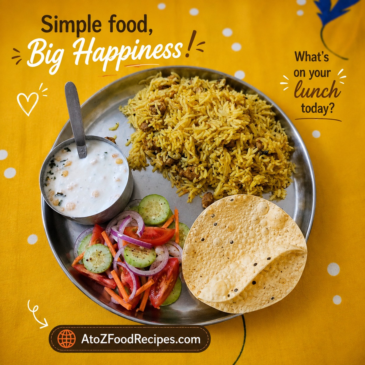 🍛 Simple meal, big happiness! ❤️

Would you choose this comforting plate of rice, raita, salad & papad for meal today? 😋👇

🌐 Explore Veg Food Recipes at AtoZFoodRecipes.com | Link in Bio

#LunchIdeas #IndianFood #VegLunch #ComfortFood #AtoZFoodRecipes